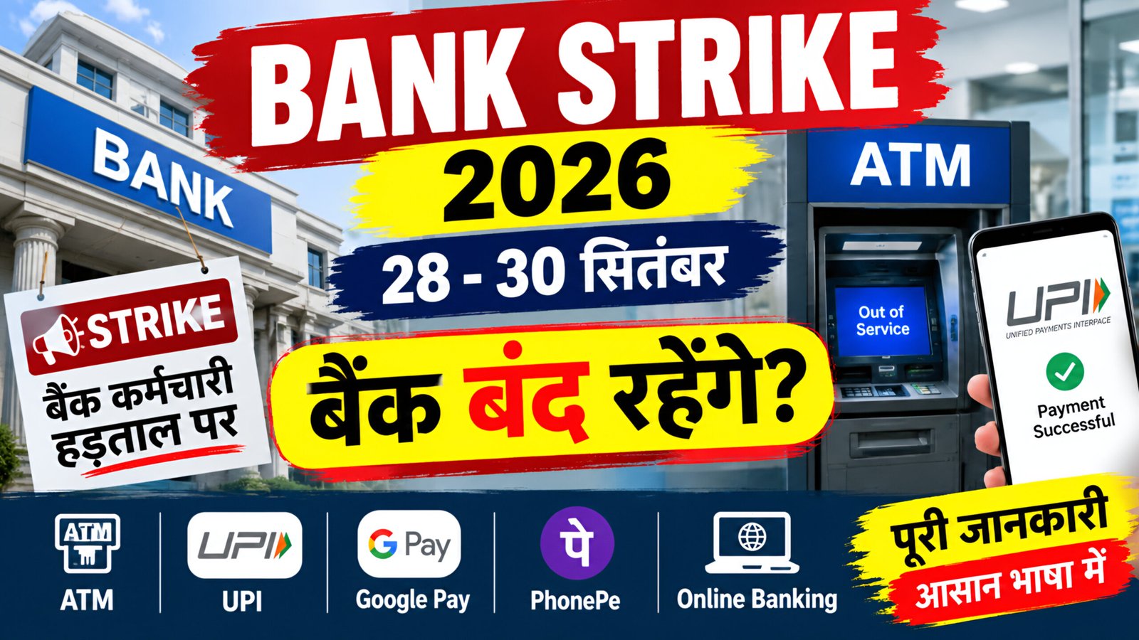 Bank Strike 2026 28 से 30 सितंबर बैंक हड़ताल ATM UPI Online Banking